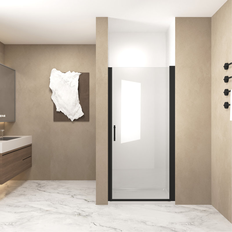 Porte de douche pivotante 32 po x 72 po, cadre en aluminium noir mat, demi-cadre, film en verre trempé anti-déflagrant de 1/4 po (6 mm)