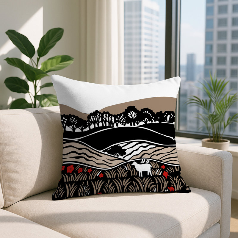 Coussin décoratif intérieur / extérieur Voldy Floral Landscape, Carré 17 po, Beige