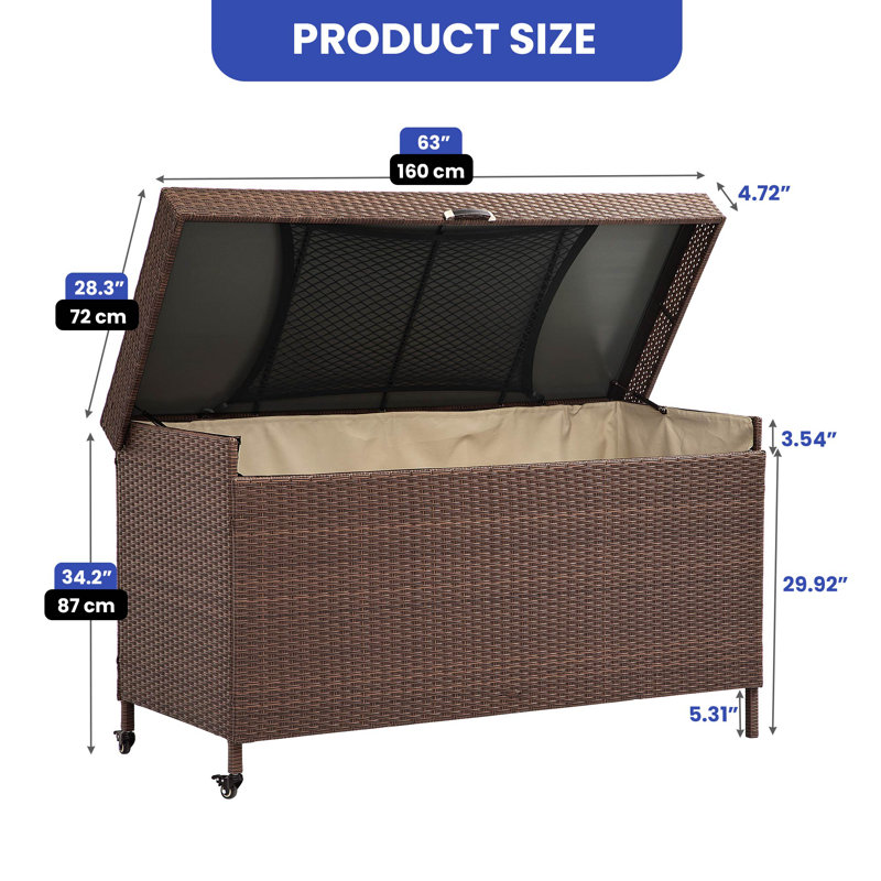 Edrosie Inc 63'' W 200 Gallons Water Resistant Deck Box with Wheels in Brown