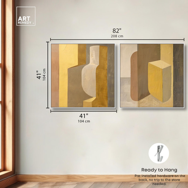 Columnar Forms Diptych Canvas Print Beige Wall Decor Set by Art Remedy, Black Frame, 12 x 12, 41" H x 41" W, White Frame