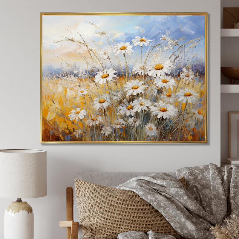 «Daisies Country Charm», impression d'art mural, H 16 po x l 32 po x P 1 po, Cadre flottant doré