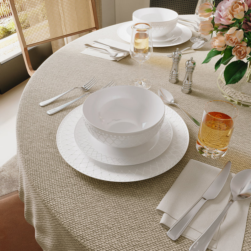 Latitude Run® 12-piece White Embossed Mesh Bone China Dinnerware With Lightweight Durable Chip Resistant Design Service For 4