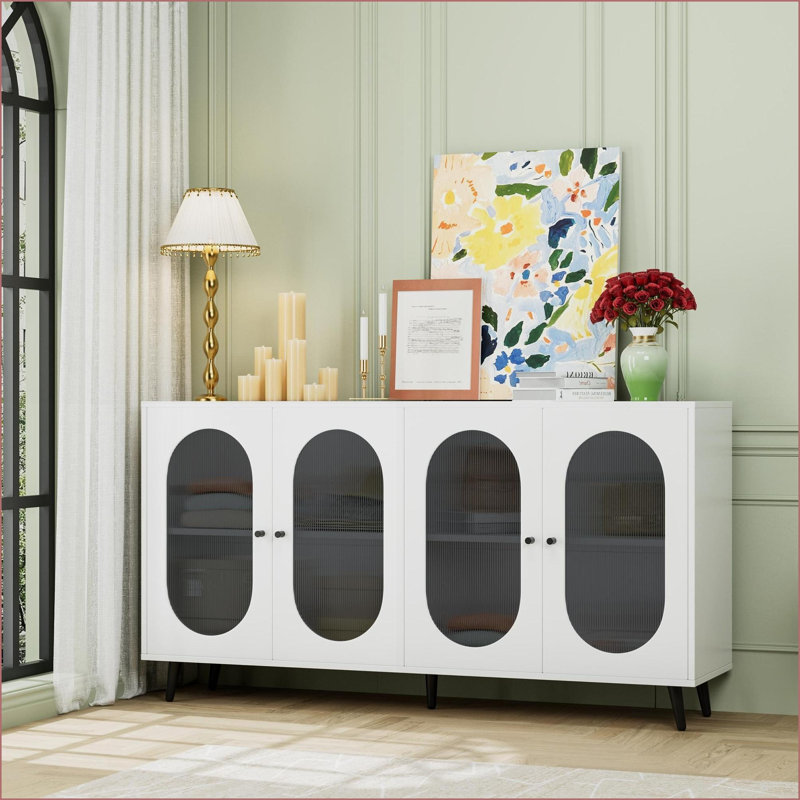 Buffet, armoire de rangement blanche moderne de 60 po avec 4 portes en acrylique Tablettes réglables | Matériau en panneau de fibres à densité moyenne
