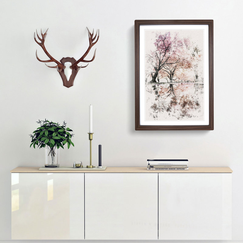 Reflection Of The Pink Blossom Trees Watercolour - Single Picture Frame Painting on MDF, 45cm H x 33cm W x 2cm D