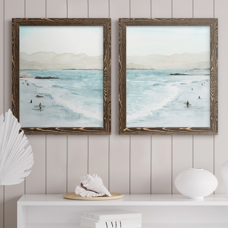 «In The Surf I», ensemble de 2 peintures sur toile encadrées, H 20 po x l 34 po, Toile avec cadre en noyer