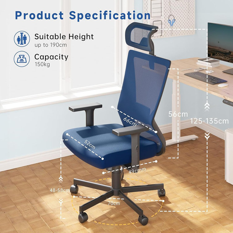 Dripex Chaise Bureau Ergonomique, Fauteuil de Bureau à roulettes Pivotantes  à 360 ° avec Support Lombaire Ajustable, Appui-Tête Réglable, Accoudoir