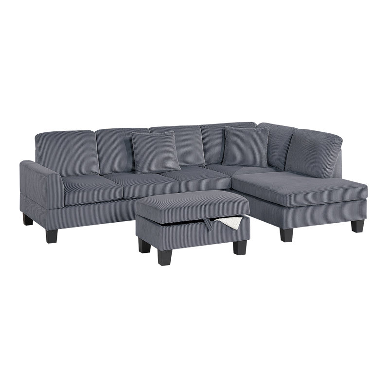 3-Piece Sectional Set W/ Ottoman, Gray Corduroy