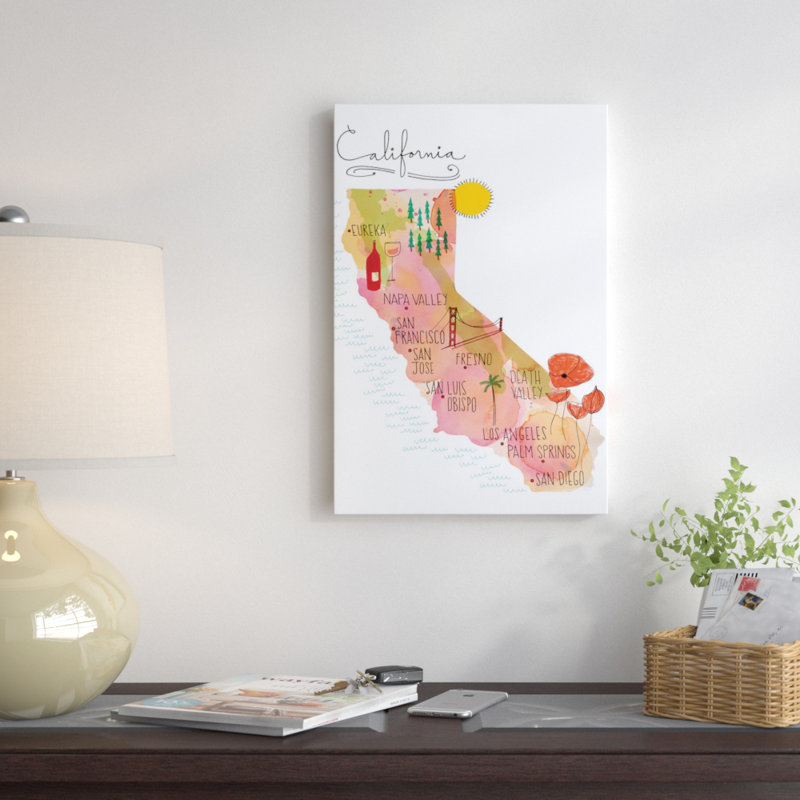 «California Map», reproduction d'art sur toile, H 24 po x l 16 po x P 1 po, Papier d'art encadré noir, Blanc
