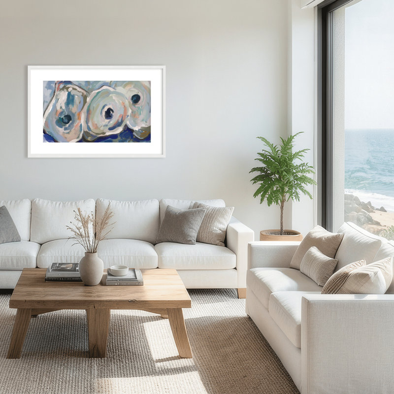Coastal Retreat Pearlescent Elegance: Oyster Abstract, 16" H x 24" W x 1.125" D, Framed Matted Print, White