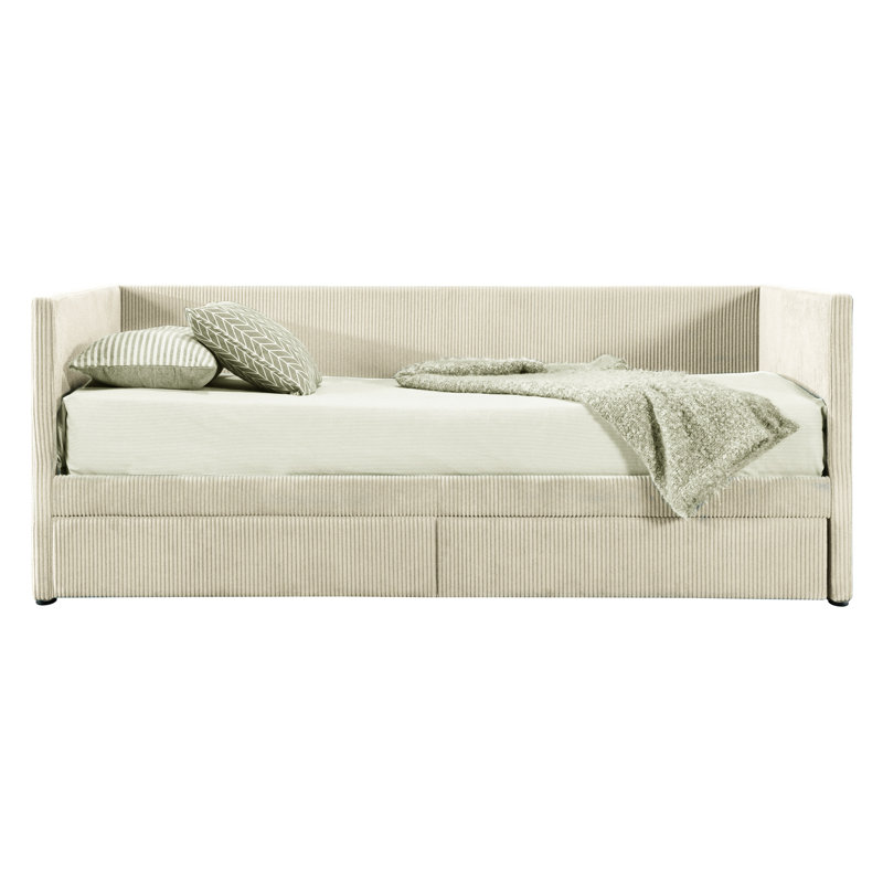 Twin Size Corduroy Daybed With Two Large Drawers And Wood Slat - Practical Stylish Choice Beige Storage Space Saver, Beige