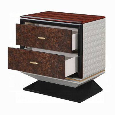 Table de chevet Soen, 2 tiroirs, lin beige matelassé, base piédestal brune