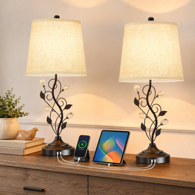 2-Pack 24.5-Inch Black Farmhouse Table Lamps with Leaf Design and 2 USB Charging Ports, Rustic Bedside/Nightstand Lights for Bedroom and Living Room