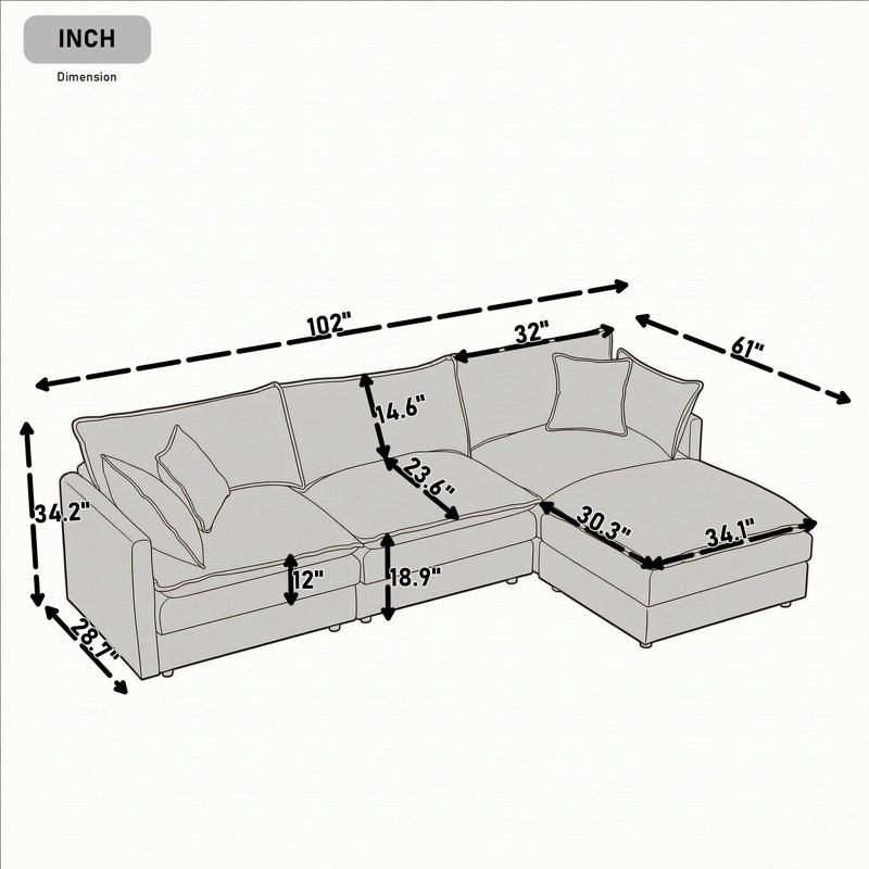 Canapé modulaire 3 places avec repose-pieds mobile, dossier et accoudoirs coussinés pour le salon, Café