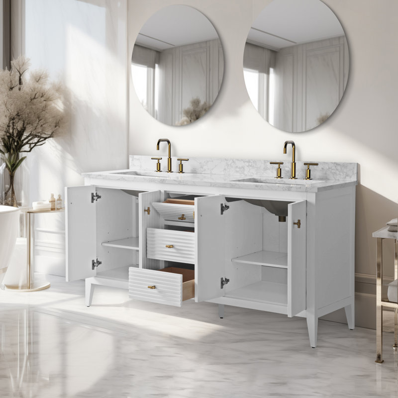 Ensemble de meuble-lavabo autoportant à double cuve 60 po avec plateau en marbre lavabo Lavallon, Doré brossé, Blanc linéaire