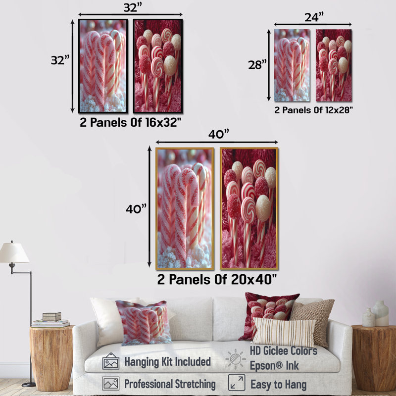 Ensemble de 2 pièces d'art mural de Noël rose et blanc Candy Cane Lane I, H 40 po x l 40 po, Impression encadrée, Érable