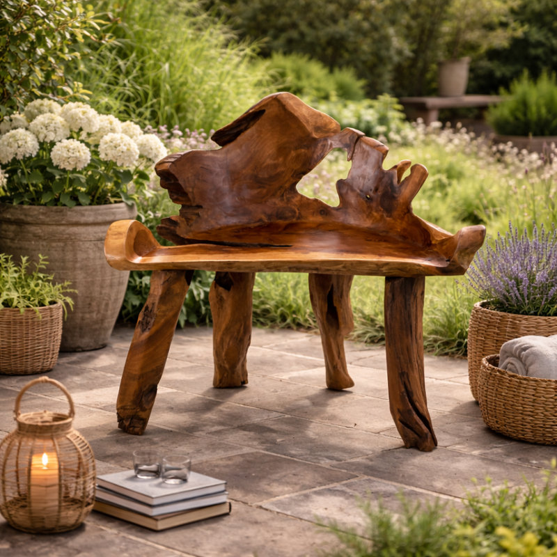 Burruss Teak Root Chair Handmade Rustic Wooden Accent Chair Statement Natural Wood Seat For Garden