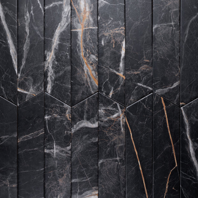 Carreau de sol en porcelaine mat aspect marbre 3,15 po x 15,75 po Elegance Chevron, Noir