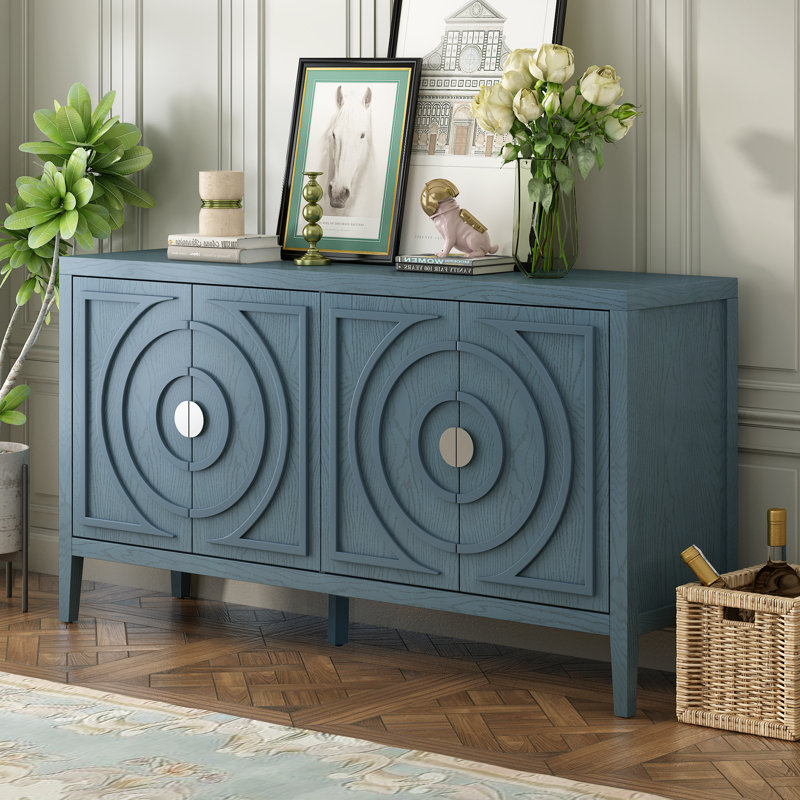 Floyds 60" W Retro Sideboard door with Circular Groove Design,Dining cabinet,Buffet table, Antique Blue