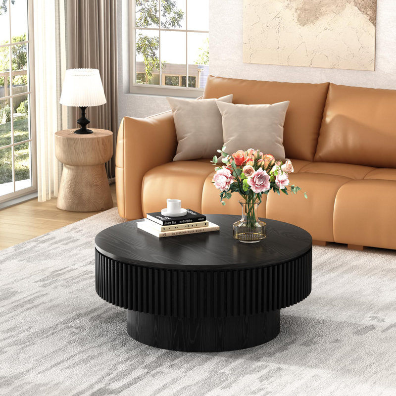 31.5" Black Fluted Drum Coffee Table with Storage for Small Spaces, Black