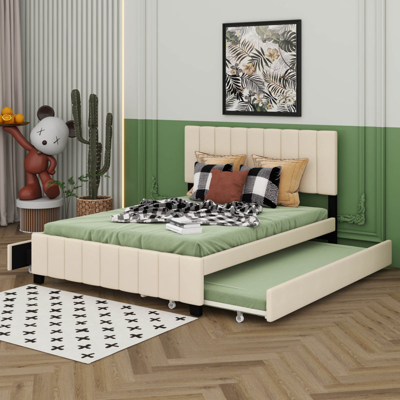Grand lit plateforme avec lit gigogne simple TG et 2 tiroirs de rangement, lit tapissier en velours avec tête de lit pour enfants, adolescents, adultes