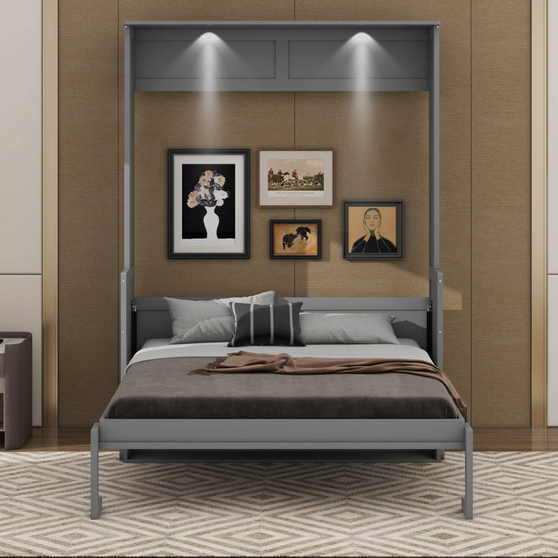 Grand lit escamotable en bois avec bureau, éclairage DEL et station de charge, Gris