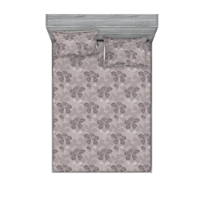 Ambesonne Fitted Sheet & Shams, California King Sheet Set with 2 Pillowcases, Mauve/Taupe Flower