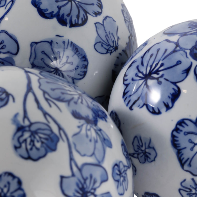 Ensemble d'objets décoratifs ronds en céramique de style chinoiserie pour le salon - Présentoir de décorations modernes pour tablettes - ensemble de 3, 5 po, bleu et blanc