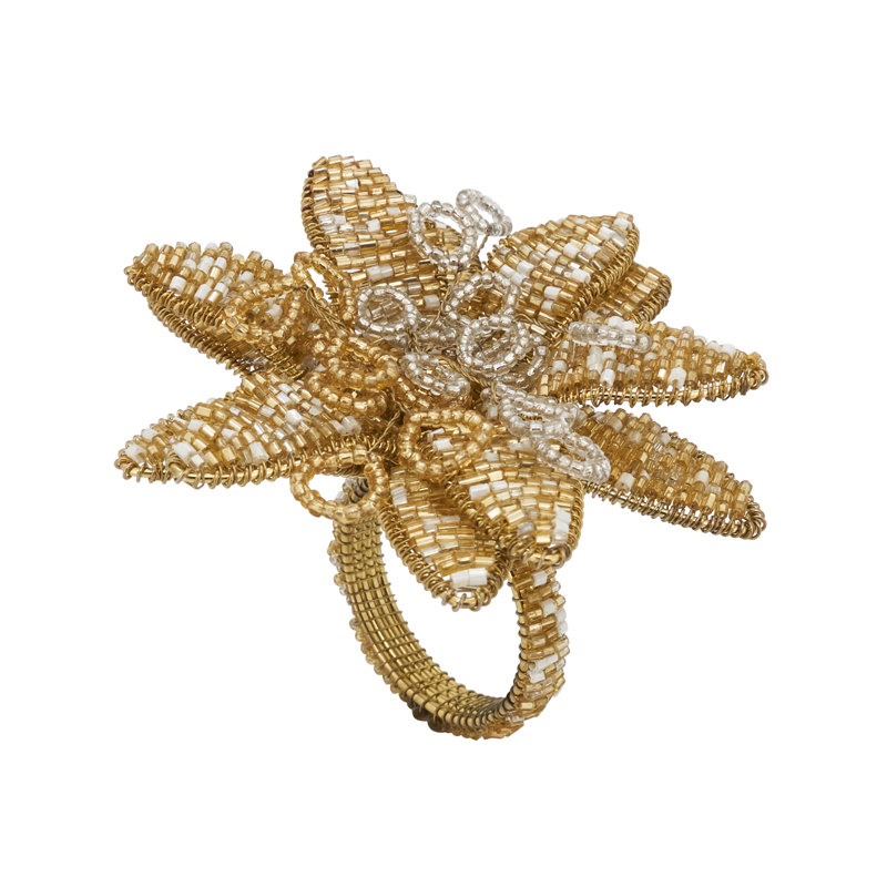 Gold Beaded Flower Design Napkin Rings, Set of 4