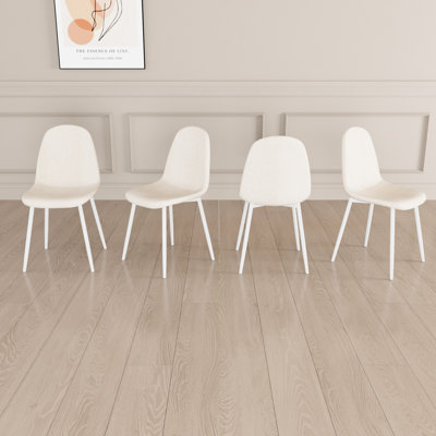 Chaises de salle à manger modernes en lin beige (de 4), avec des pieds en métal blanc stable pour une cuisine confortable en lin, un espace fonctionnel
