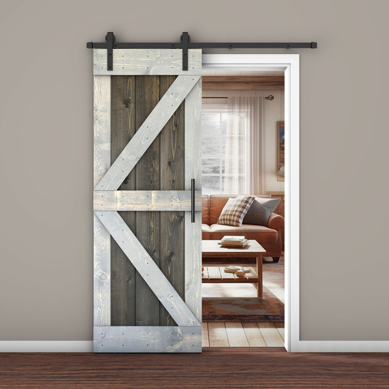Porte de grange lambrissée peinte en bois et en métal, 30 po x 84 po, Acajou / gris