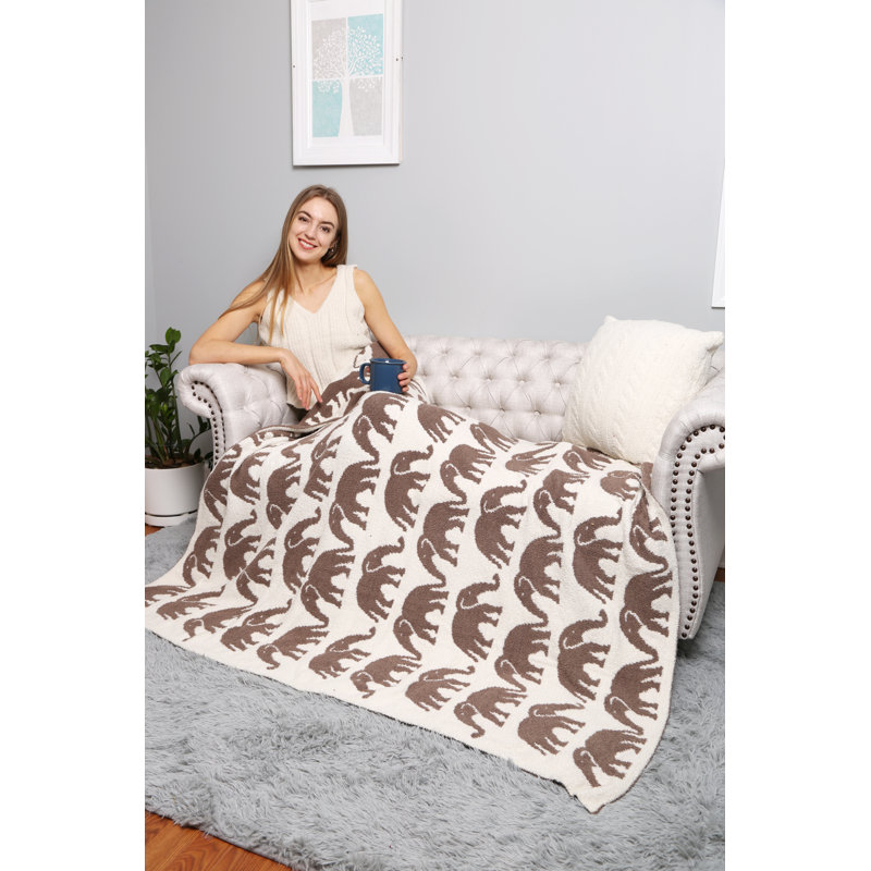 Elephant Pattern Luxury Soft Throw Blanket, Beige