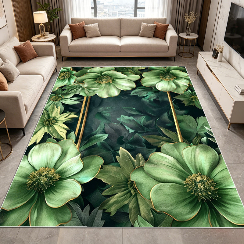 1PC Vintage Sage Green Floral Gold Gilded Frame area rugs for Living Room, Soft and Comfortable, Suitable for all seasons, easy-to-maintain, machine washable Indoor floor mat, Under Table Farmhouse suitable for living room, dining area, bedroom,