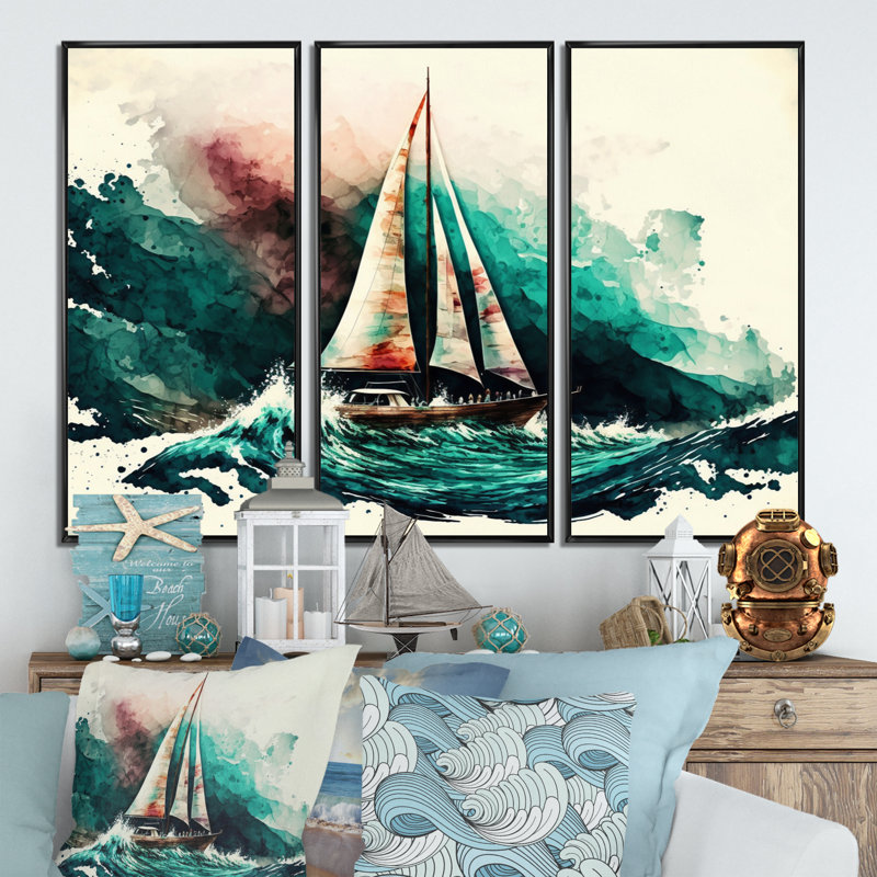 Aquarelle, voilier, croisières, vagues, impression sur toile - 3 pièces, H 20 po x l 36 po x P 1 po, Toile encadrée noire