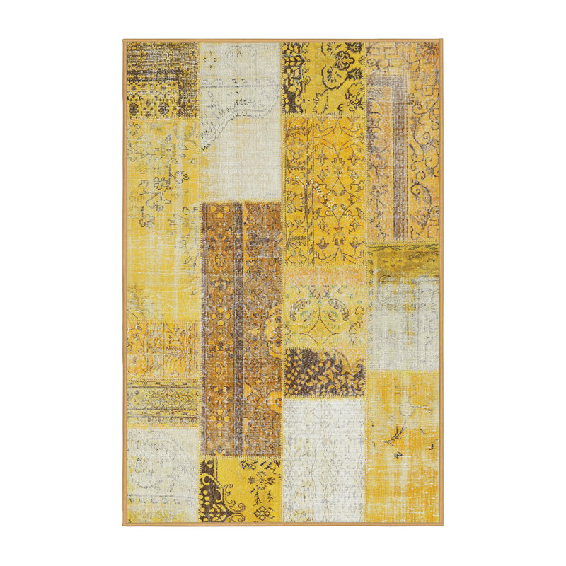Tapis contemporain jaune / gris, Rectangle 5 pi x 8 pi