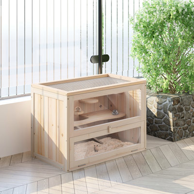 2-Level Small Animal Habitat By - Wood Cage With Openable Top, Front Door, Shelf, , For Mice, Guinea Pigs, 23.5"L X 13.57"W 16.5"H Hamster 2 Levels, Fir Construction, ,