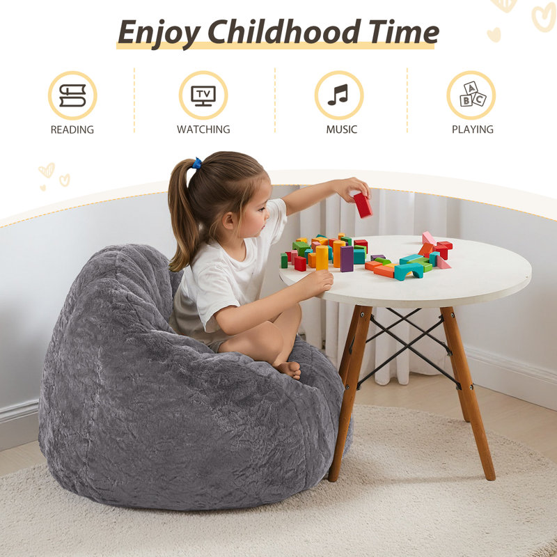 Fauteuil à billes en forme de coquille pour enfants et adolescents, Fausse fourrure grise foncée