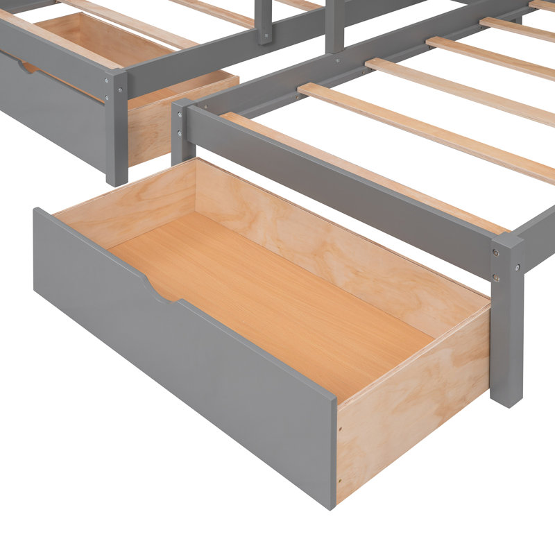 Lit superposé double au-dessus de simple et triple, cadre gris, utilisation verticale de l'espace, caractéristiques en bois de pin massif, garde-corps, tiroirs de rangement