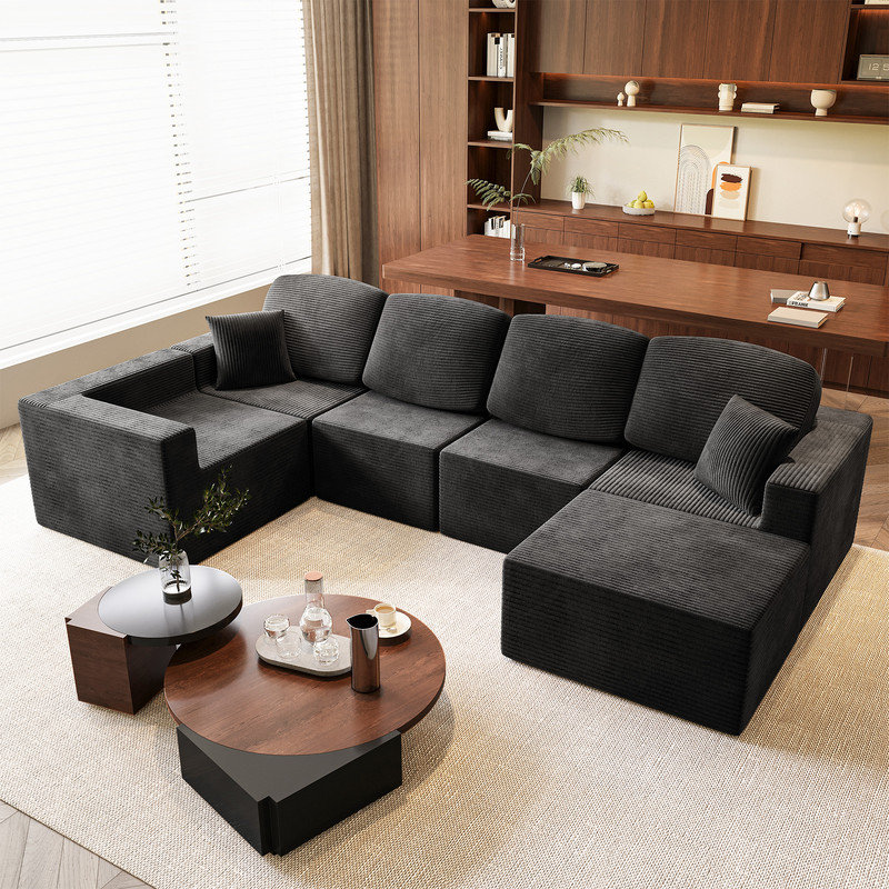 Canapé modulaire en forme de L de 126 po avec accoudoirs larges en U modulaire et en forme de L, Velours côtelé noir