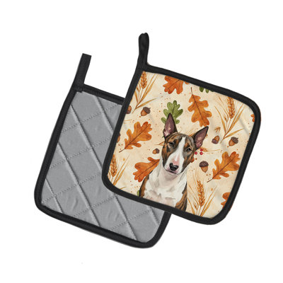 Brindle and White Bull Terrier Heirloom Fall Pair of Pot Holders