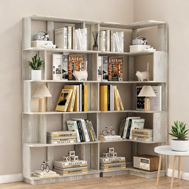 Ensemble de bibliothèque de coin modulaire en bois aggloméré gris classique avec rangement compact et personnalisable pour le salon et le bureau