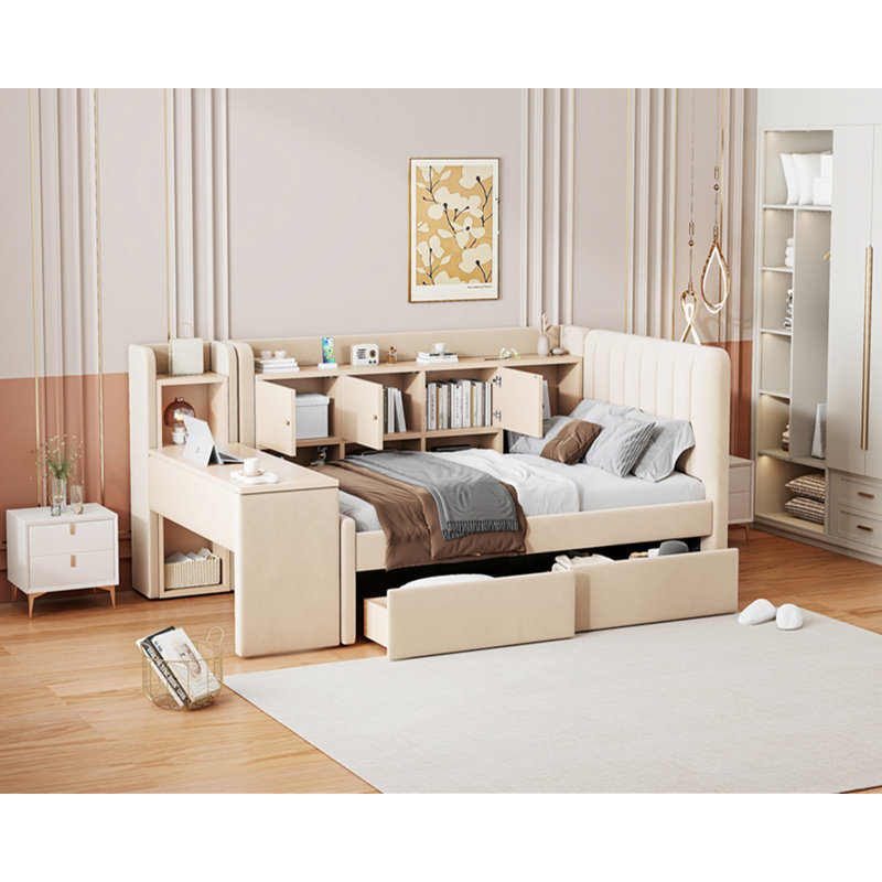 Upholstered Daybed With Flip-Top Cabinet And Side Table, Beige