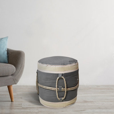 Handmade Eco-friendly Round Shaped Stuffed Canvas Green Beige Pouf 18x18x18