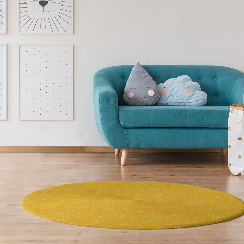 Tapis jaune fait main, Rond 5 pi