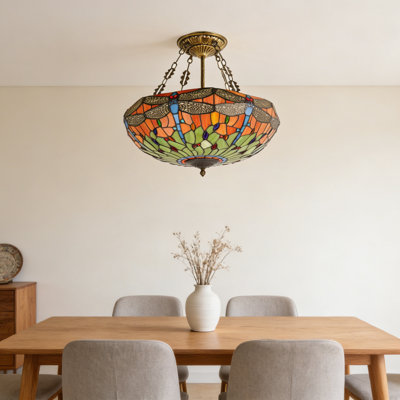 Tiffany-style Dragonfly Stained Glass Semi-flush Mount Ceiling Light,  5 E26 Warm Bulbs Included