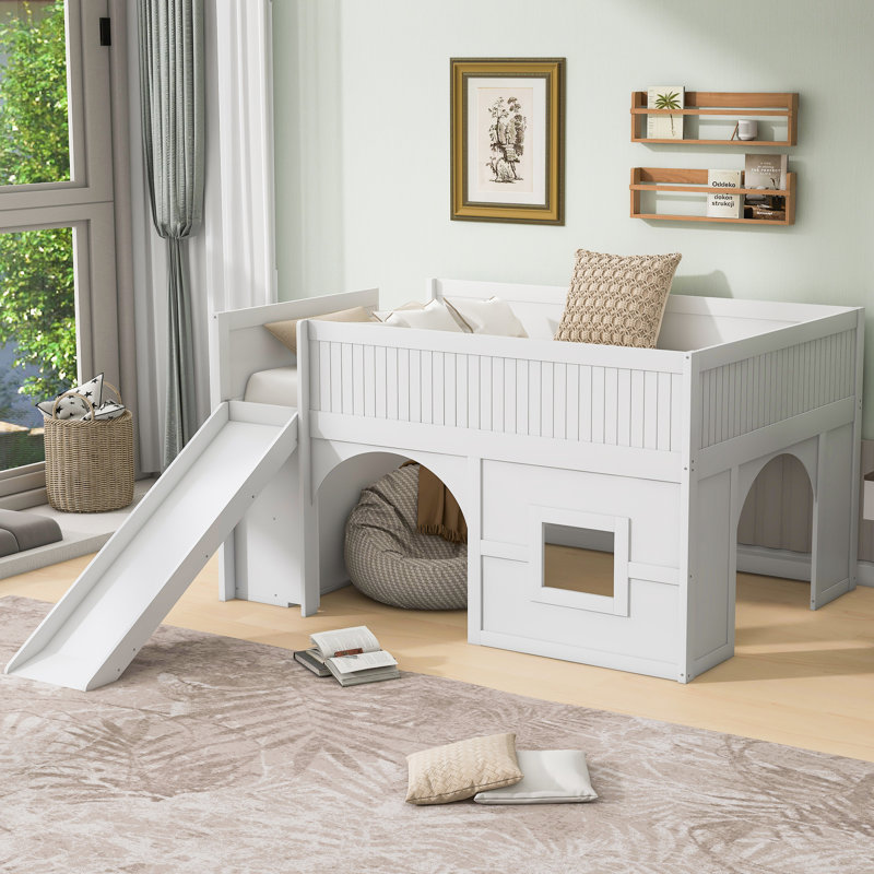 Full Size Wooden Low Loft Bed with Storage Shelves, Slide & Playhouse Door/Window – Kids Bed, White, White