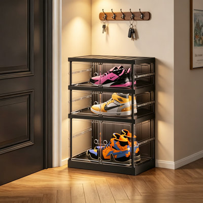 3 Tier Foldable Shoe Rack for Closet Entryway, Stackable Clear Shoe Storage Boxes with Lids, Plastic Shoe Shelf with Door, Easy Assembly, Holds 6 Pair