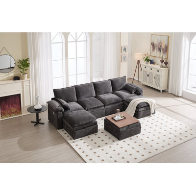 130'' 4-Seat Chenille Sectional With Three Ottomans