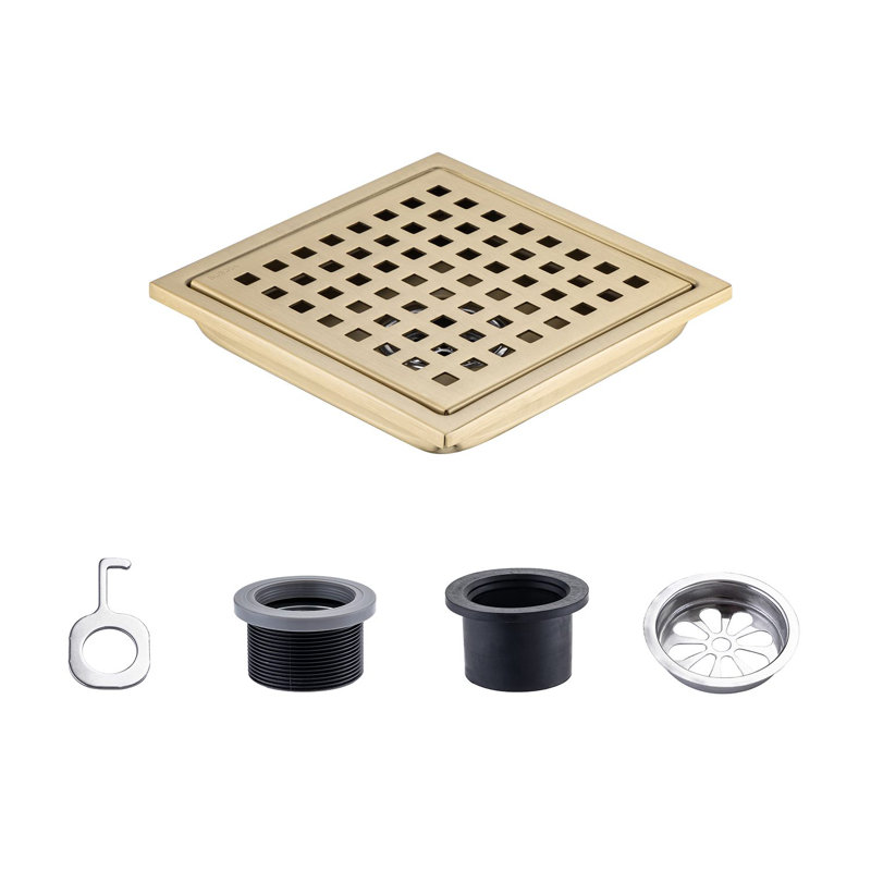 Drain de douche carré en acier inoxydable 6 po. X 6 po., Or brossé