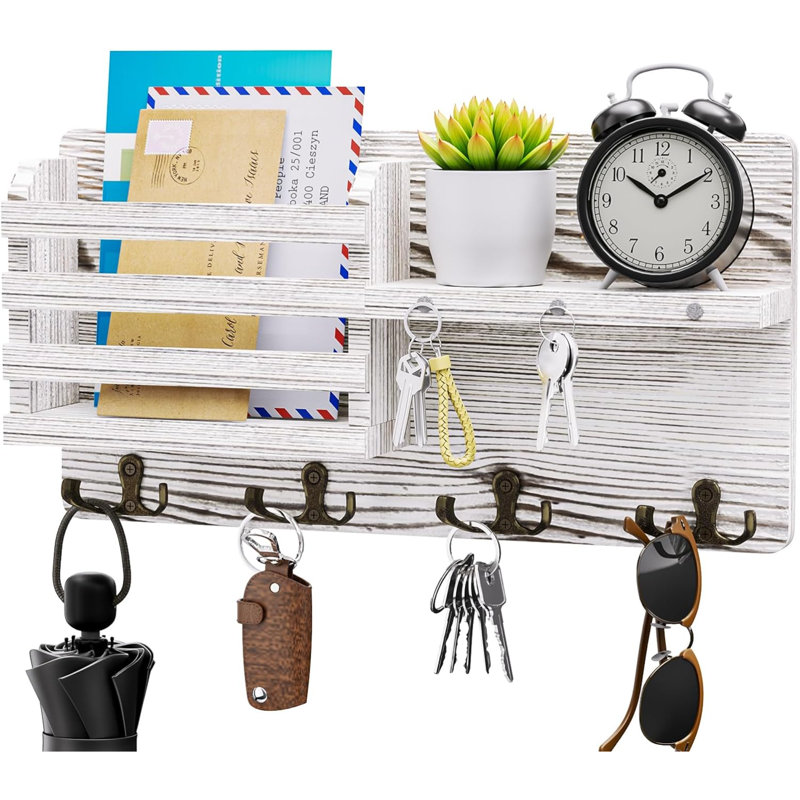 Ramari Wall Organizer with Key Hooks, White, 7.87cm H x 20cm W x 38.1cm D