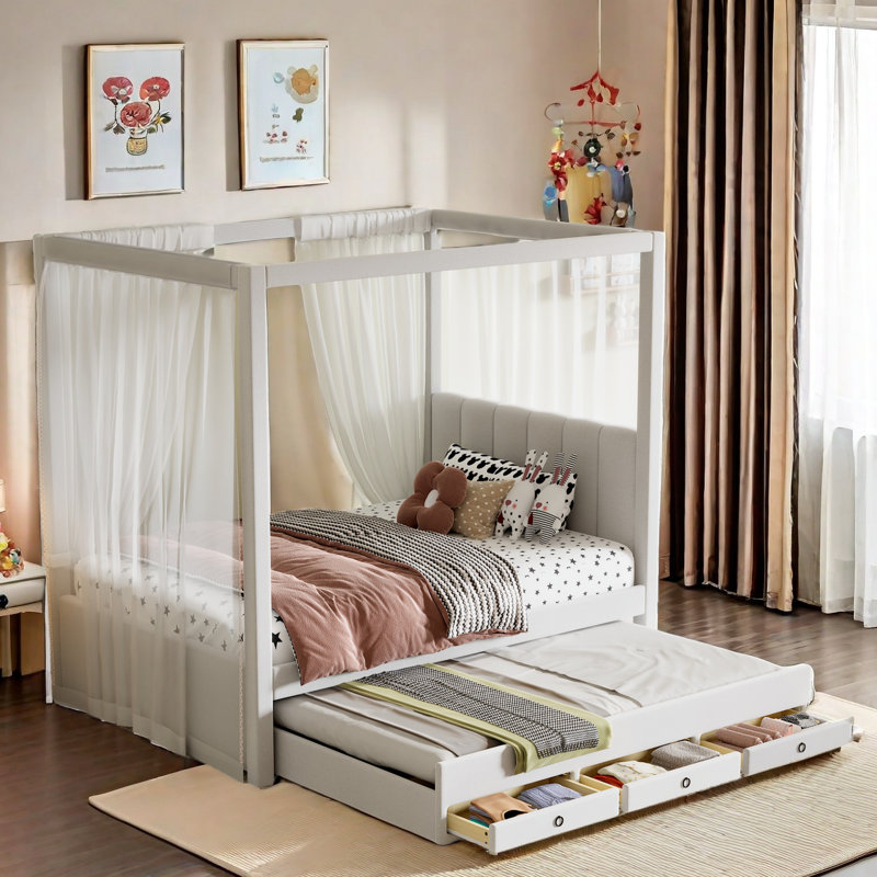 Ernie Upholstered Canopy Storage Bed, Twin, Beige